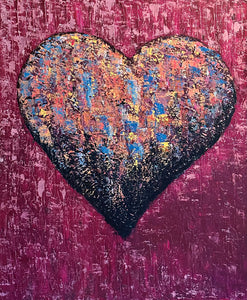 Pink painting with a heart of different colours